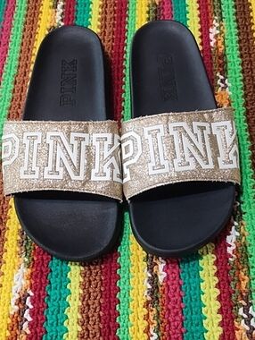 PINK Victoria's Secret Gold Glitter Logo Slide Sandals Large VGC.